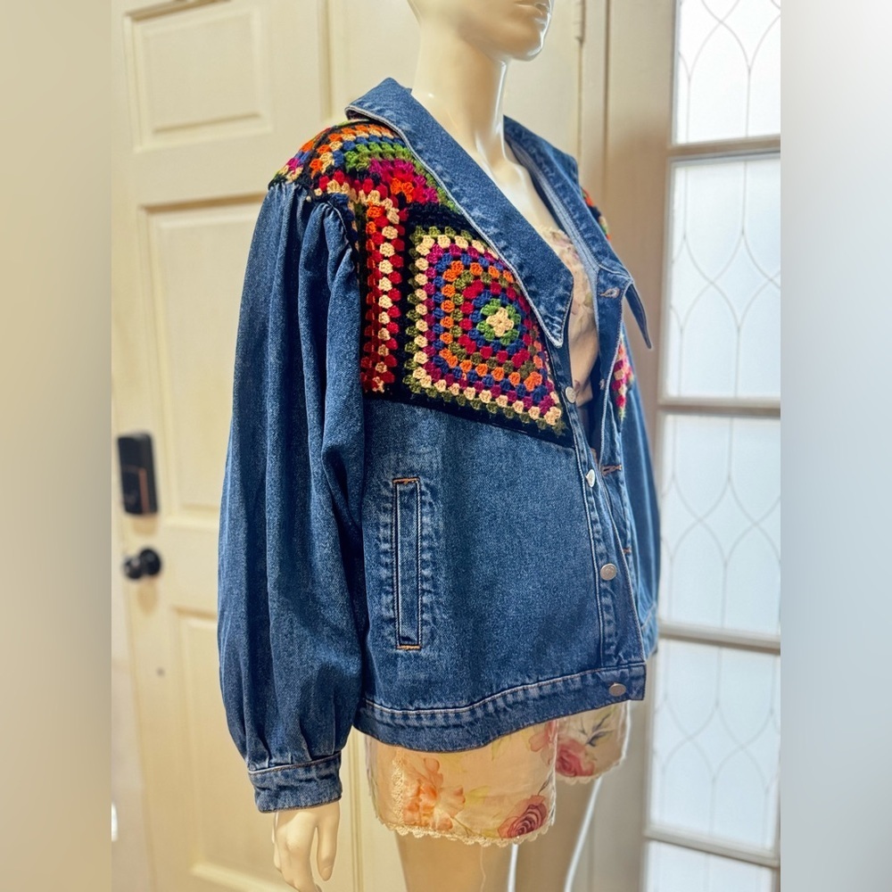 Farm Rio X Anthropologie Crochet Denim Trucker Jacket SZ Medium - Picture 5 of 15